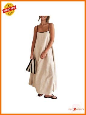 Women's Linen Maxi Dress Spaghetti Strap Sleeveless Backless Beach Sundress